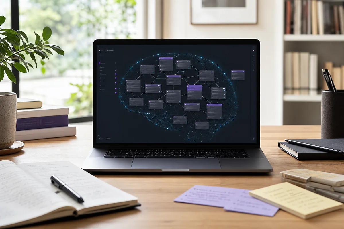 ObsidianのノートがつながりAIの第二の脳を形づくるイメージ