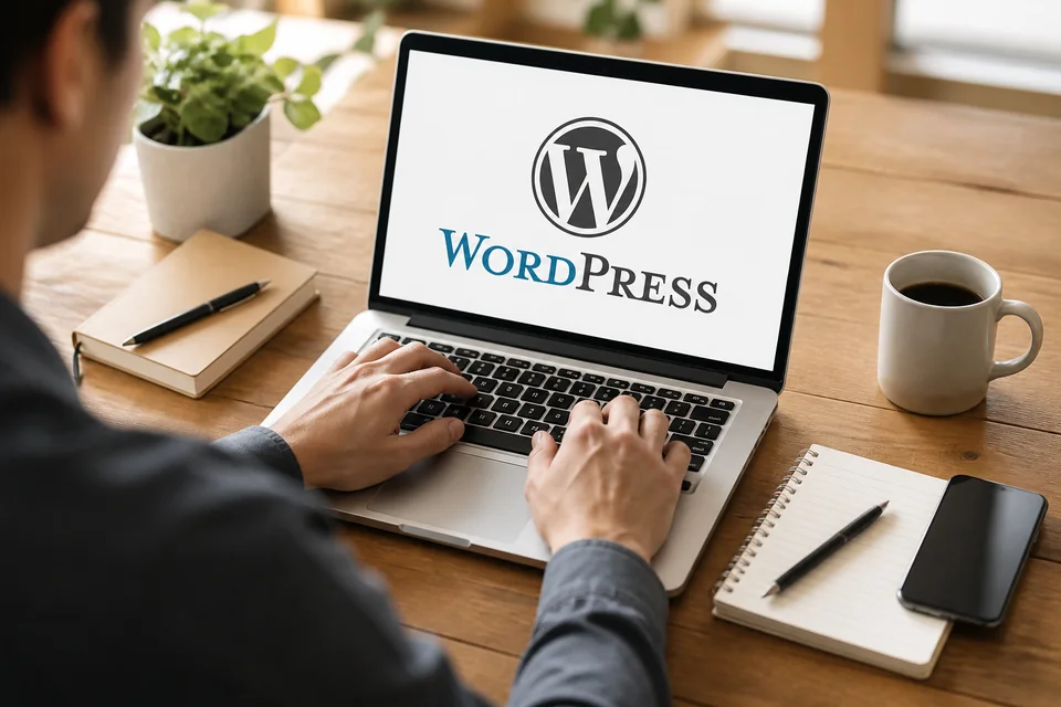 WordPressロゴを表示したノートパソコンでWebサイトを保守運用する作業風景