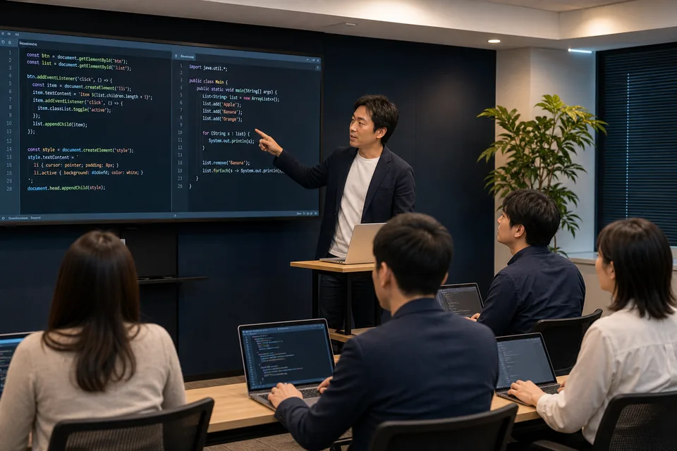 JavaScriptとJavaを指導するプログラミング講師の研修風景